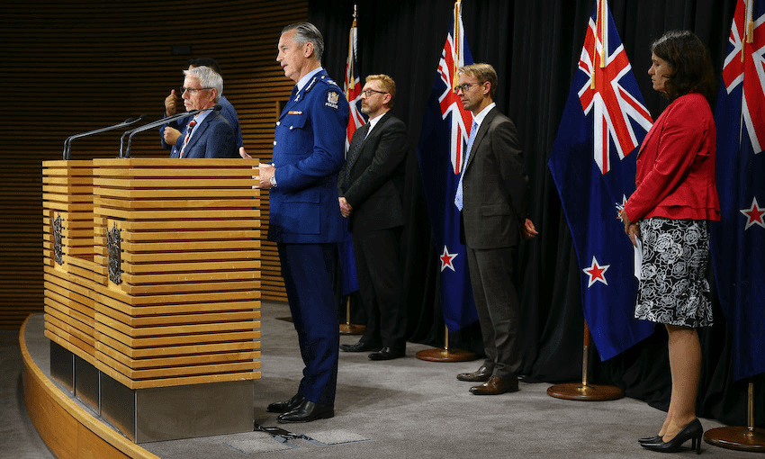 John Ombler, Mike Bush, Peter Crabtree, Ashley Bloomfield and Sarah Stuart-Black at parliament today (Photo: Getty Images) 
