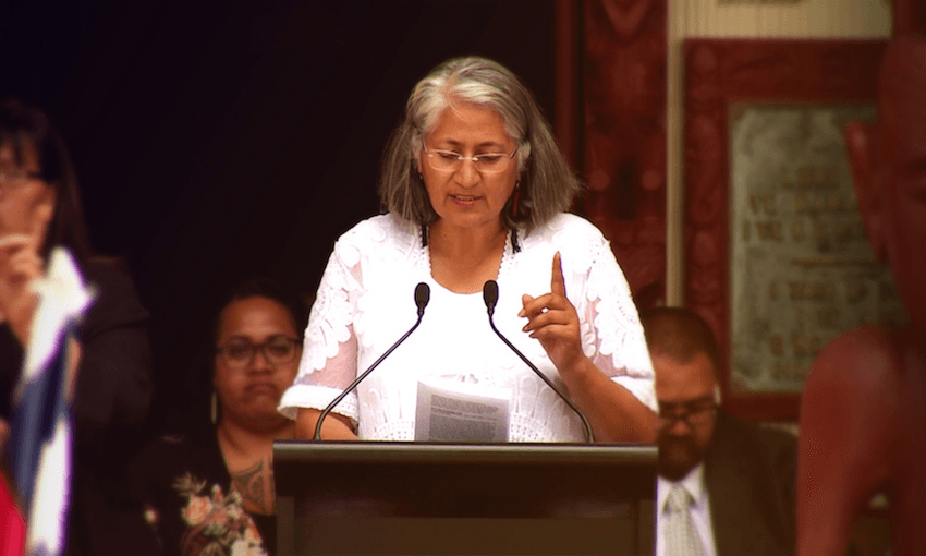 Te Rūnanga ā Iwi o Ngāpuhi chair Mere Mangu speaking at Te Whare Rūnanga, Waitangi 2020. (Image: teaomaori.news) 
