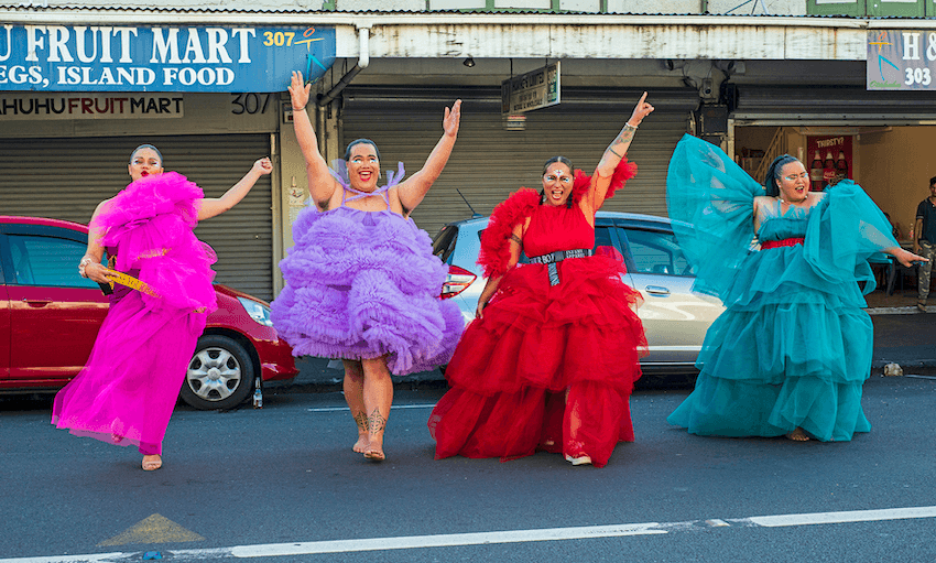 Fierce fafine at the opening of the exhibition FAT, wearing gowns by fashion label Infamy Apparel. (Photo: Raymond Sagapolutele) 
