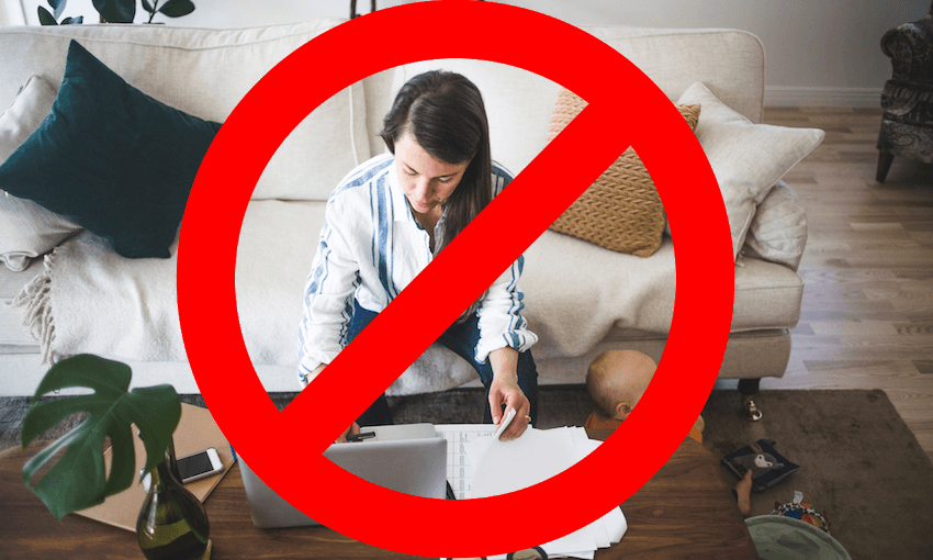 High angle view of female entrepreneur concentrating on work while daughter playing at home office