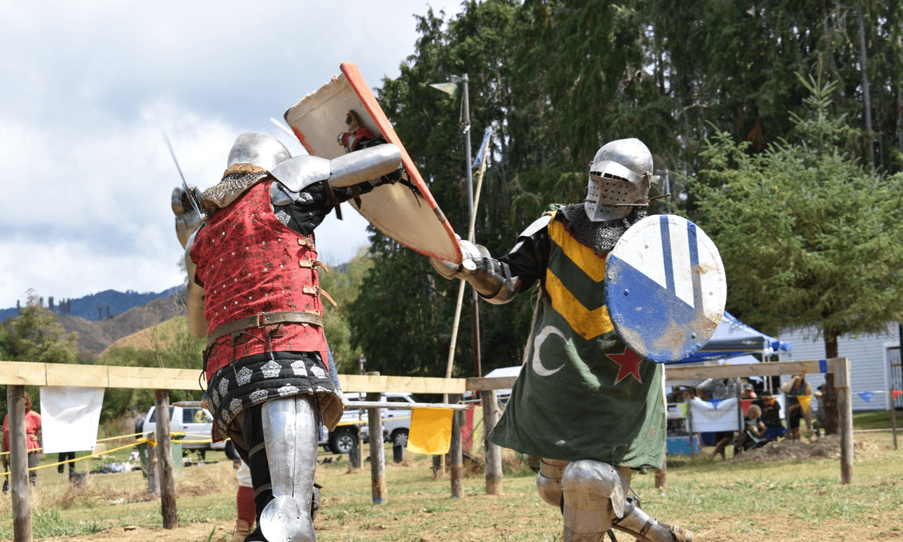 Two fighters facing off in the list at the Ohura Medieval Market Day (Alex Braae)  

