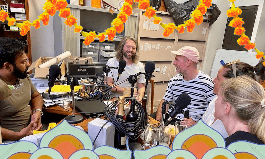From left, Sammy Akuthota, Jos Ruffell, Simon Day, Sophie Gilmour and Alice Neville recording Dietary Requirements (Photo: Alice Webb-Liddall) 

