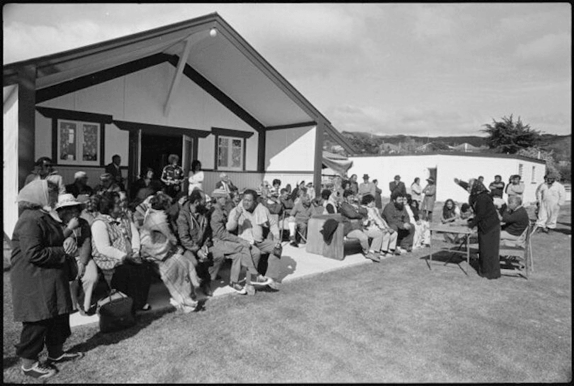 Whina Cooper speaking on Takapuwahia Marae, Porirua on the landmark hīkoi. (Image: Evening Post, 11 of October 1975/Alexander Turnbull) 
