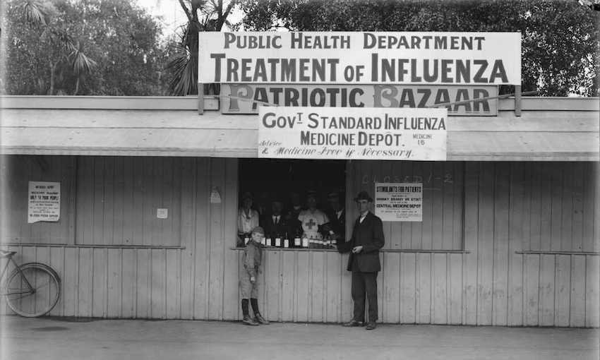 An influenza medicine depot in Christchurch for “poor” people. Taken by an unknown photographer 4 December 1918. (Image: Alexander Turnbull Library) 
