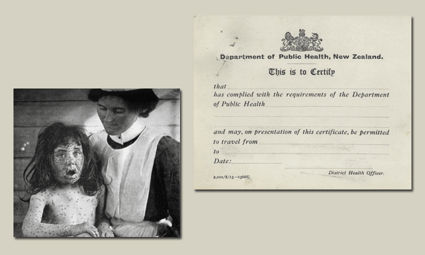 Child with smallpox in 1904 (Photo: Te Ara) / Smallpox vaccination certificate (Photo: Archives New Zealand) 
