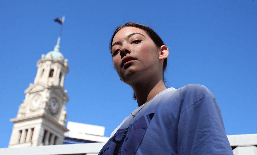 A model poses in Aotea Square ahead of the Collections: Sophie Joy, Rhemy, Olli, FuMoso show during New Zealand Fashion Week 2019 in Auckland. (Photo: Lisa Maree Williams/Getty Images) 
