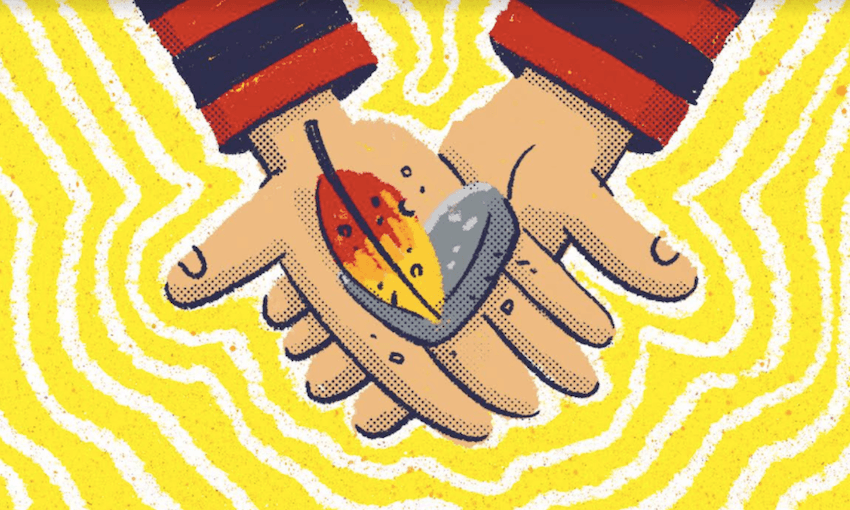 A leaf the colour of a sunset. A rock shaped like an L. Taonga. (Illustration: Toby Morris).  
