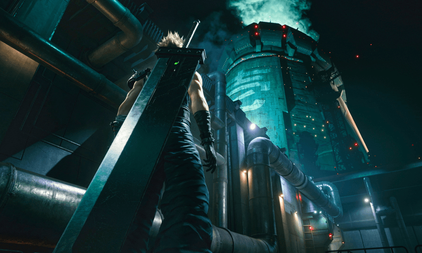 A remade Cloud looks up at a remade Shinra Building, in the fantastic Final Fantasy VII remake. Photo: Supplied. 
