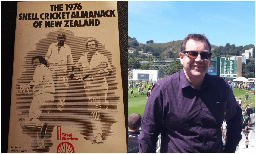 JOCK EDWARDS ON THE COVER OF THE 1976 ALMANACK – HE’S AT LEFT, WITH SYED KIRMANI AND DERMOT PAYTON; AND GRANT ROBERTSON AT THE BASIN RESERVE IN 2016 (PHOTOS: SHELL CRICKET ALMANACK OF NEW ZEALAND 1976, EDITED BY ARTHUR H CARMAN, PUBLISHED BY SPORTING PUBLICATIONS; THE SPINOFF) 
