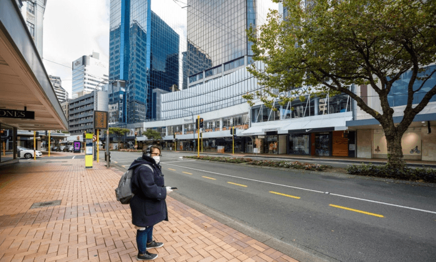 A solitary pedestrian on locked down Lambton Quay in Wellington (Getty Images)  
