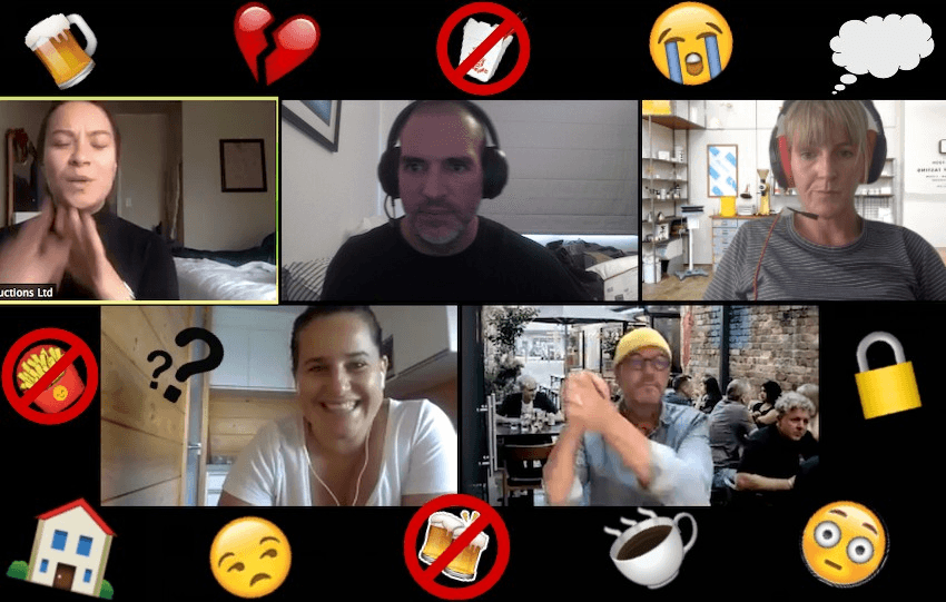 Podcast producer Tina Tiller, Dietary Requirements co-hosts Simon Day, Alice Neville and Sophie Gilmour, and Coffee Supreme CEO Al Keating during our Zoom podcast (Alice and Al are not really at cafes, that’s the magic of technology) 
