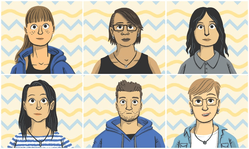A range of neuro diverse New Zealanders, illustrated by Toby Morris. 
