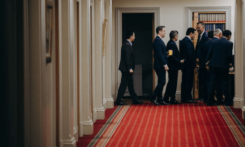 National MPs file into the caucus meeting to vote on the leadership of the party on May 22. Then, Todd Muller emerged victorious. (Photo: Dom Thomas – Pool/Getty Images) 
