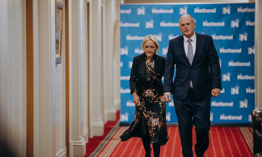 Nikki Kaye and Todd Muller emerge from the caucus meeting at which they were elected new deputy leader and leader of the National Party (Photo: Dom Thomas – Pool/Getty Images) 
