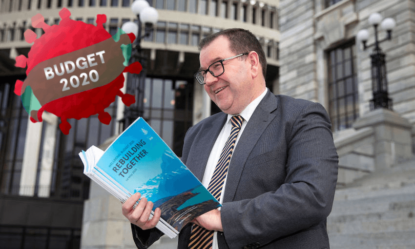 Finance Minister Grant Robertson poses outside parliament with the 2020 Budget on May 13, 2020. (Photo by Hagen Hopkins/Getty Images. Photo overlay by Tina Tiller/The Spinoff) 
