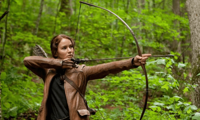 Jennifer Lawrence as Katniss Everdeen in the film version of The Hunger Games, by Suzanne Collins.  
