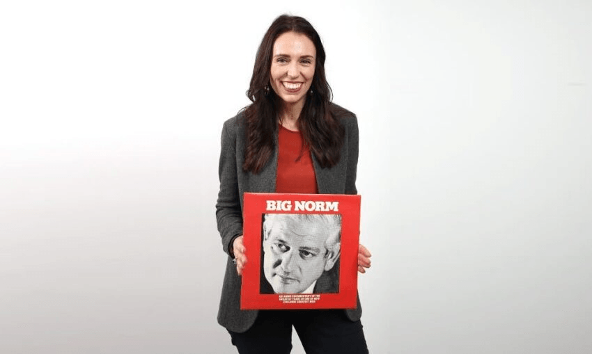 Jacinda Ardern with a Norman Kirk tribute LP in 2017 (Photo: Phil Walter/Getty Images) 
