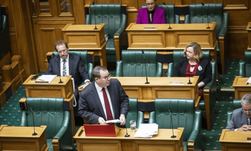 Finance minister Grant Robertson delivering the 2020 budget to a physically distant parliament (Getty Images) 
