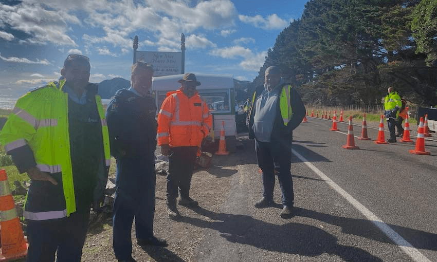 The checkpoint at Hawai on the East Coast last Wednesday as police and iwi reps met to discuss what will happen when the country moves to level two. (Photo: supplied) 
