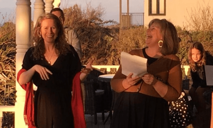 The launch of Auē, with Becky (left) and publisher Mary McCallum (roaring). Victory Park launches October 22 (Photo: Supplied) 
