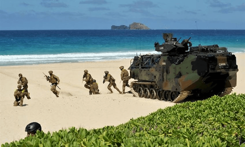 Royal Australian Navy sailors participate in a simulated beach assault during Rim of the Pacific (RIMPAC) Exercise 2014. (U.S. Navy photo by Mass Communication Specialist 2nd Class Corey T. Jones/Released) 
