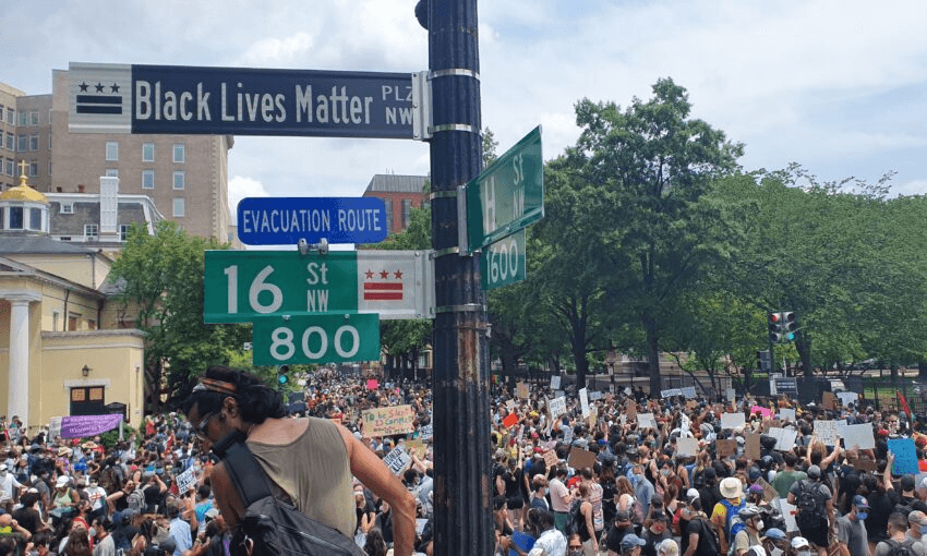 A two block section of 16th Street NW in downtown Washington, DC was renamed Black Lives Matter Plaza by Mayor Muriel Bowser on June 5. Photo: Abbas Nazari 
