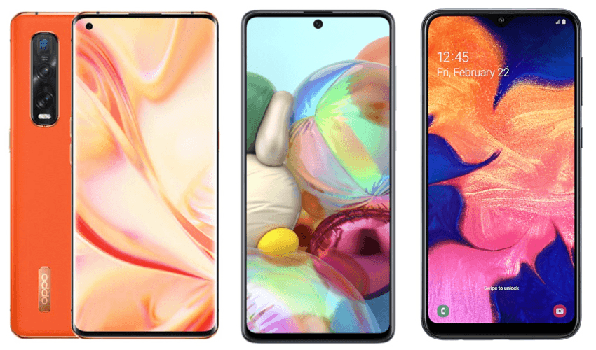Three Android phones: (L-R) Oppo Find X2 Pro, Samsung Galaxy A71, Samsung Galaxy A10