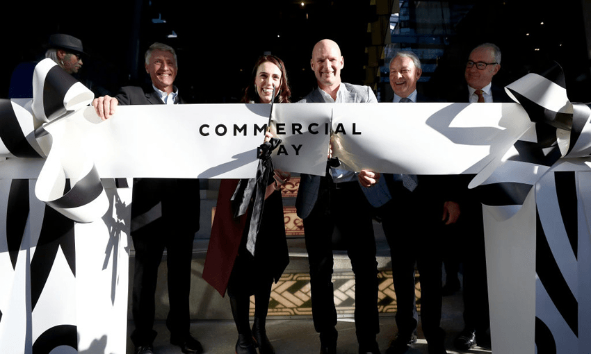 Precinct Properties Chairman Craig Stobo, Prime Minister Jacinda Ardern, and Precinct Properties Chief Executive Scott Pritchard open the new Commercial Bay shopping precinct on June 11, 2020  (Photo by Hannah Peters/Getty Images) 
