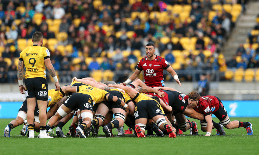 One of not many scrums so far this Super Rugby Aotearoa season, as the Hurricanes took on the Crusaders in Wellington on Sunday (Photo: Hagen Hopkins/Getty Images) 
