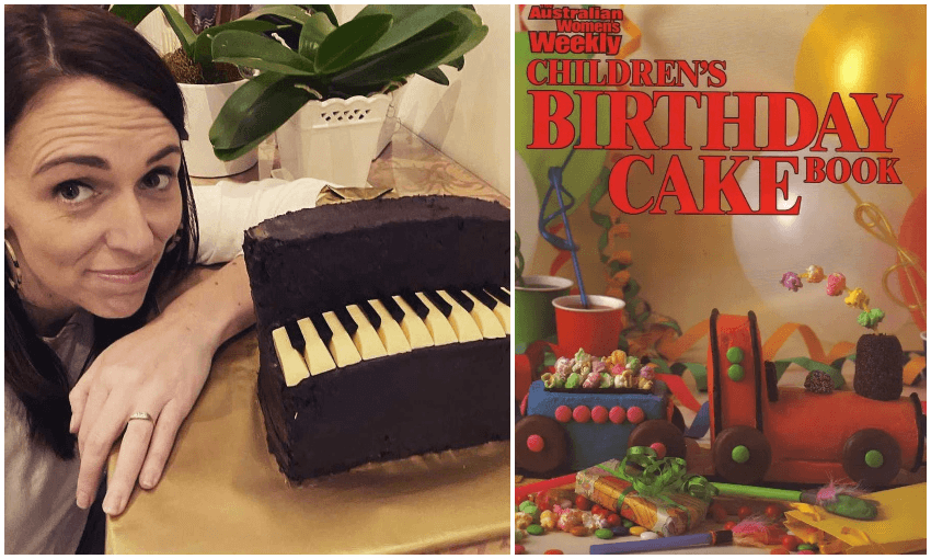 The prime minister with her piano cake for Neve, and the iconic original recipe book 
