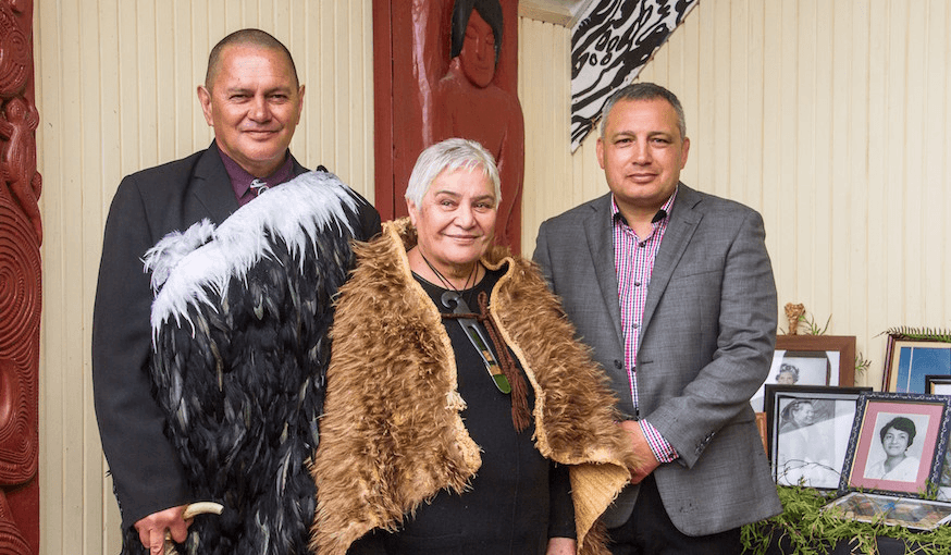 Te Pou Tupua: Tūrama Hawira and Dame Tariana Turia with Ngā Tāngata Tiaki o Whanganui Chair Gerrard Albert. 
