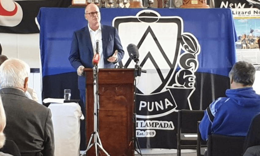 Todd Muller making his speech at the Te Puna Rugby Club (Radio NZ, Charlie Dreaver) 
