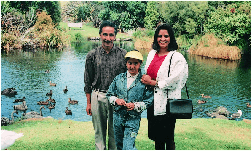 Golriz and her parents in Western Springs park, shortly after their arrival in Aotearoa late in 1990. The double-denim was a favourite outfit that Golriz made sure to pack. (Photo: Supplied) 
