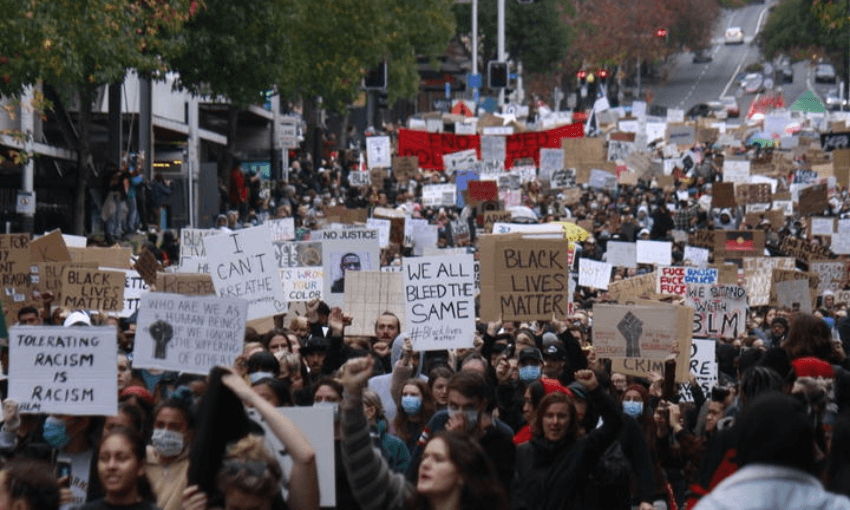 The protest in solidarity with Black Lives Matter on Queen St, Auckland (Radio NZ, Leith Huffadine)  
