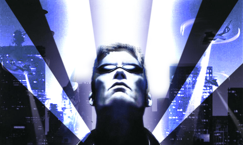The box cover art for Deus Ex, released for the PC in the year 2000. 
