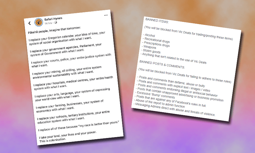 Left: Safari Hynes’ post that was removed by Vic Deals / Right: Vic Deals’ guidelines