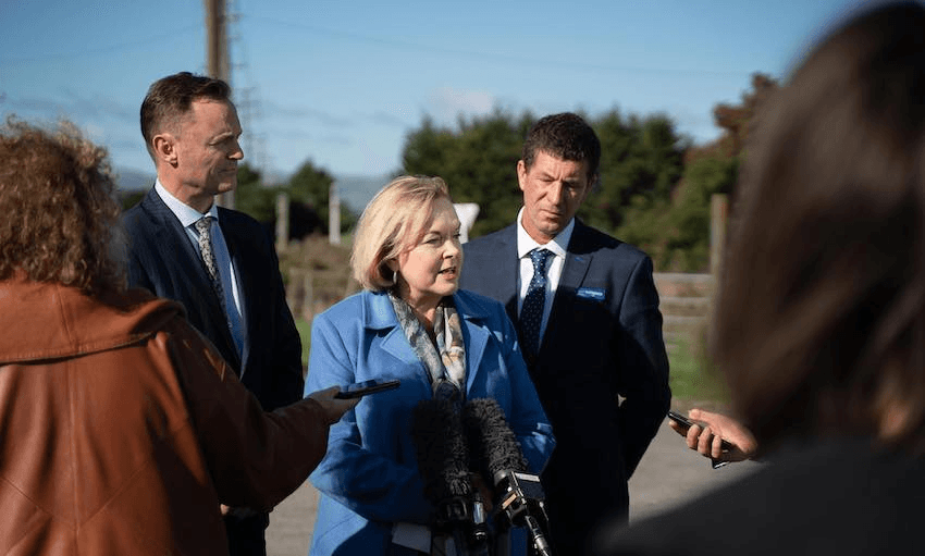 Judith Collins talks to media as she visits Wairarapa (to her right is local candidate Mike Butterick) (Photo: Judith Collins’ Facebook page) 
