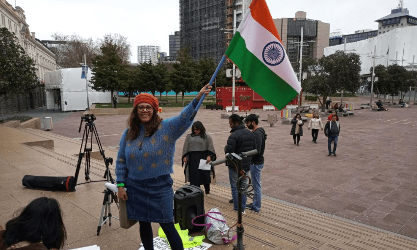 Protest organiser Dr Sapna Samant in Auckland’s Aotea Square on Sunday (Photo: Michael Andrew)