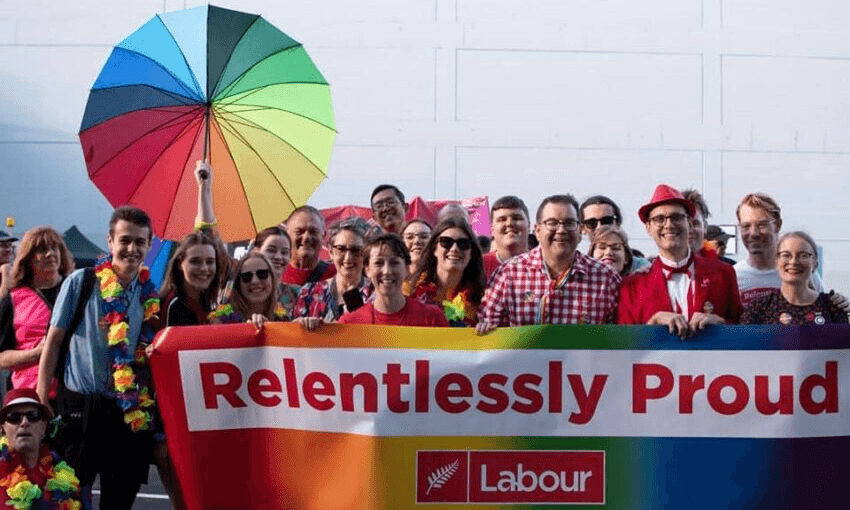 Georgie Dansey with Grant Robertson and friends on the Pride March. (Photo: supplied) 
