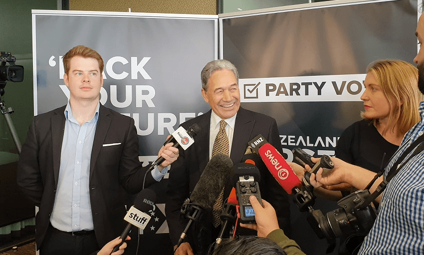 Winston Peters in his element at the New Zealand First campaign launch, July 19 2020 (Photo: Hayden Donnell) 
