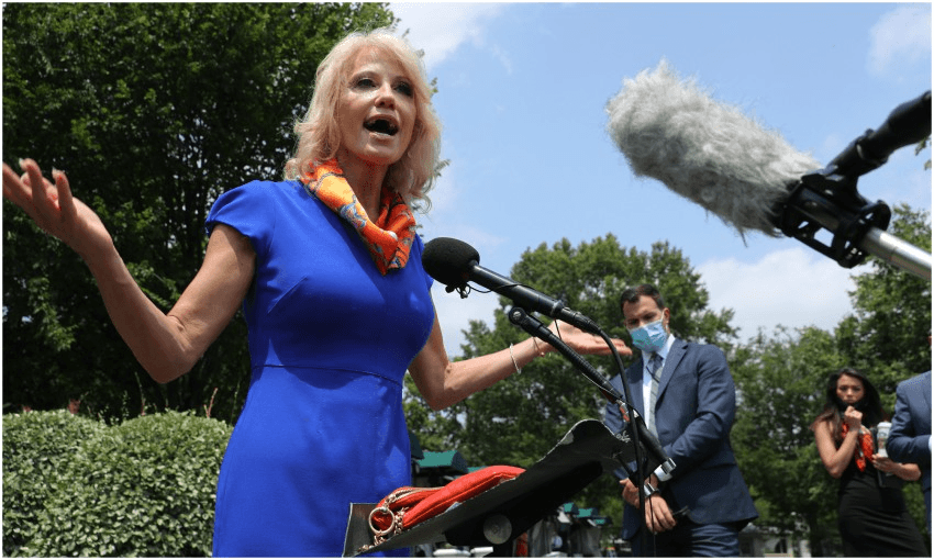 Kellyanne Conway speaks to FOX on July 7 regarding Mary J. Trump’s book about the president (Photo: Chip Somodevilla/Getty Images) 
