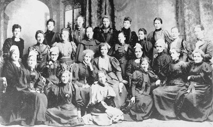 Kate Sheppard (seated at centre) with the National Council of Women in Christchurch. 1896. 
