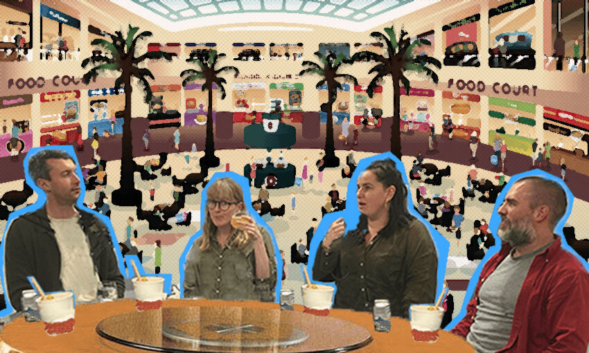 Duncan Greive, Alice Neville, Sophie Gilmour and Simon Day having a lovely time at a food court (Image: Matthew McAuley) 
