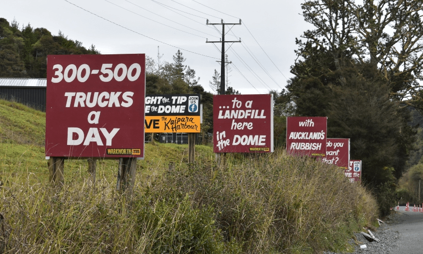 Signs lining State Highway One north of Auckland protesting against the proposed landfill in Dome Valley (Alex Braae)  
