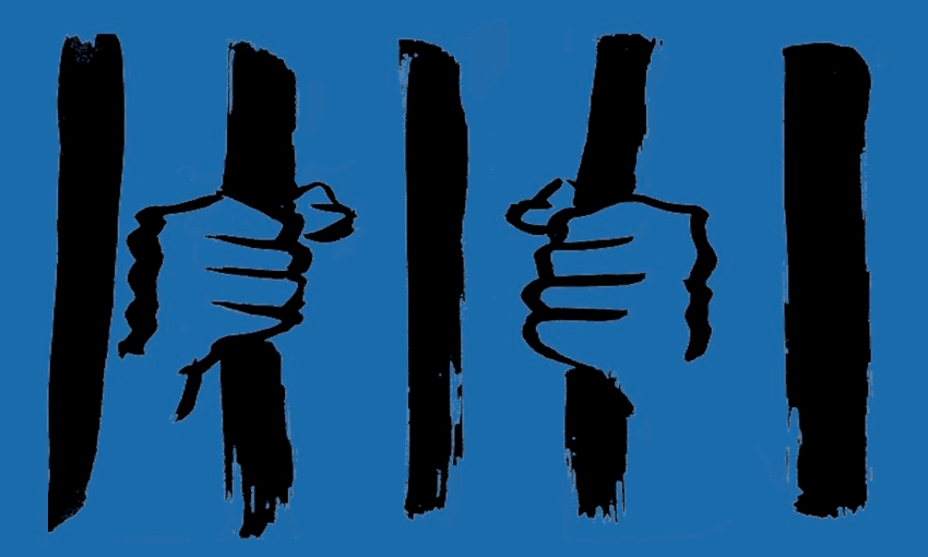 Abstract illustration of hands holding prison bars, on blue background. 
