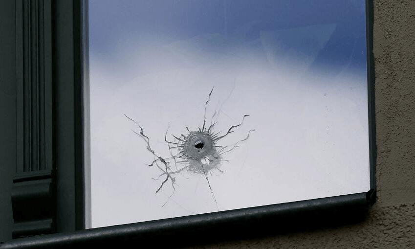 A bullet hole near the synagogue in Halle, eastern Germany, where an anti-semitic attack took place in October 2019. (Photo by Ronny Hartmann / AFP)
