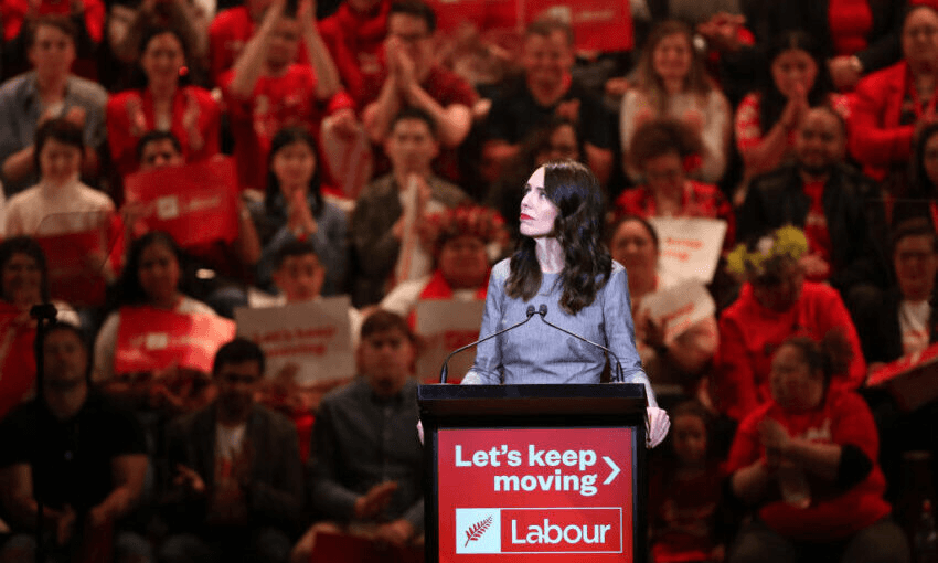 Jacinda Ardern at the Labour Party 2020 election campaign launch at the Auckland  Town Hall. Photo by MICHAEL BRADLEY / AFP 
