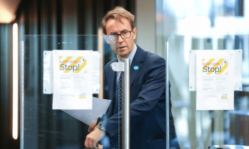 Ashley Bloomfield arrives at a press conference at the Ministry of Health.  (Photo by Hagen Hopkins/Getty Images) 
