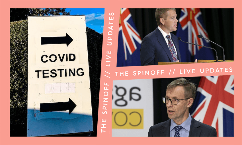 Collage of Ashley Bloomfield, Chris Hipkins and sign for a Covid testing station