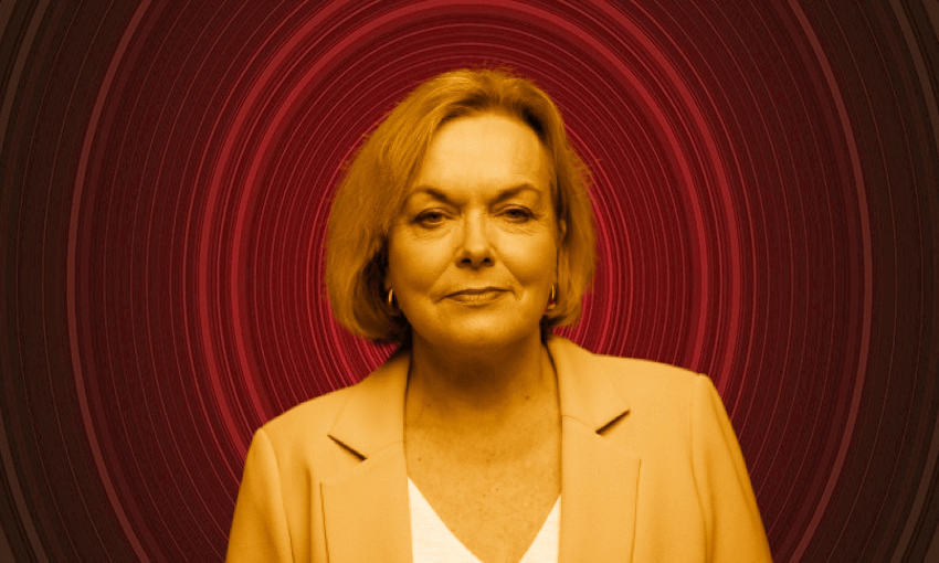 National leader Judith Collins does her best Jimmy Stewart-in-Vertigo impression (Photo: Hagen Hopkins/Getty Images, Photo illustration: Leonie Hayden)